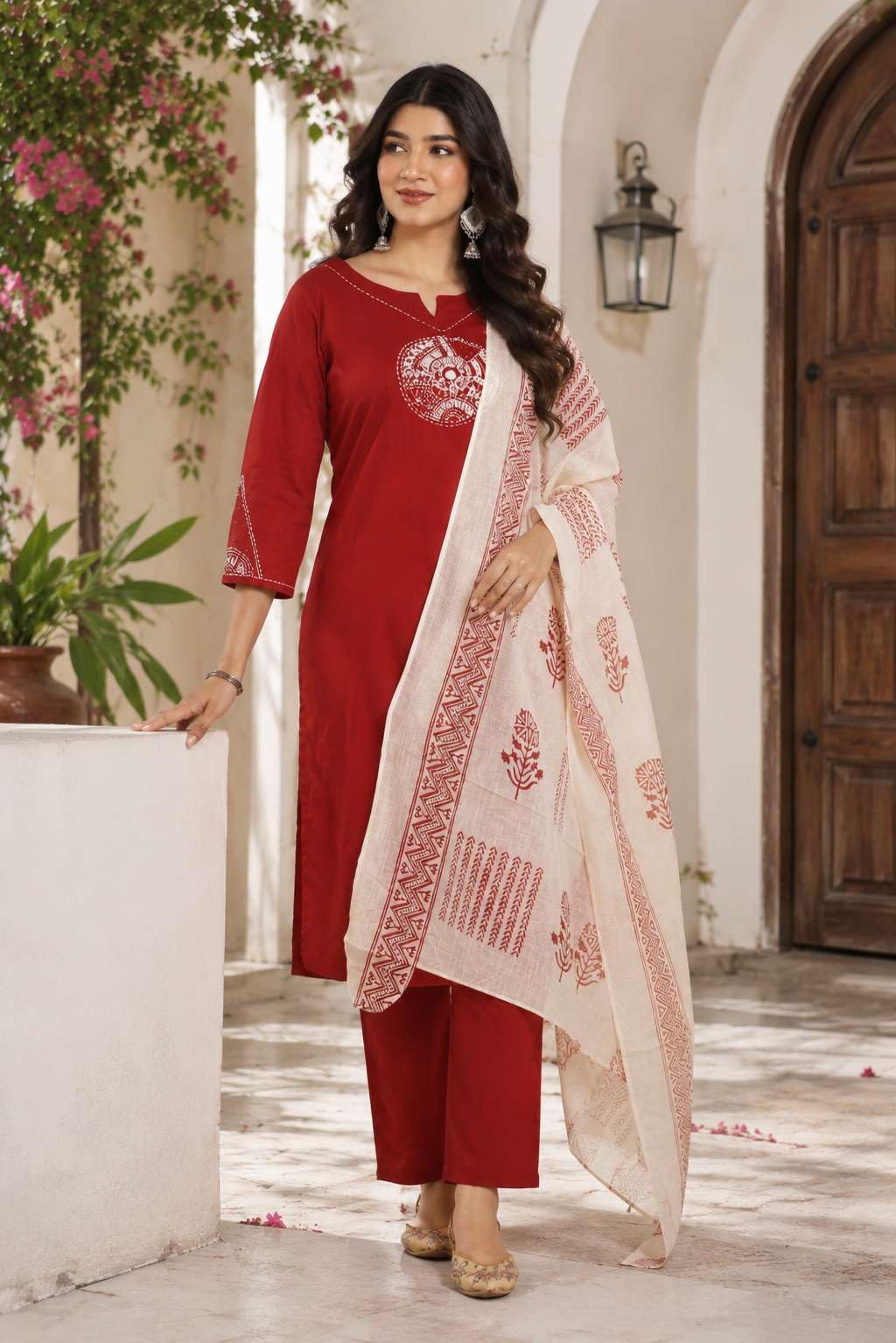 Women's Cotton Embroidery Straight Kurti With Pant Set