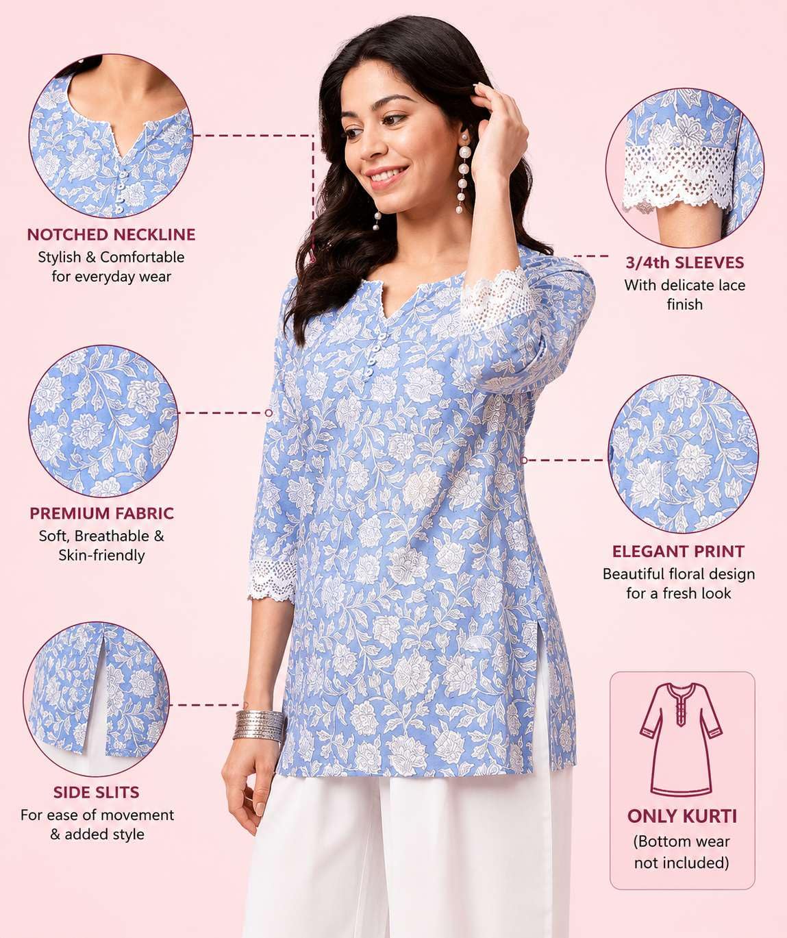 Women's Rayon Floral Printed Straight Short Kurti Set