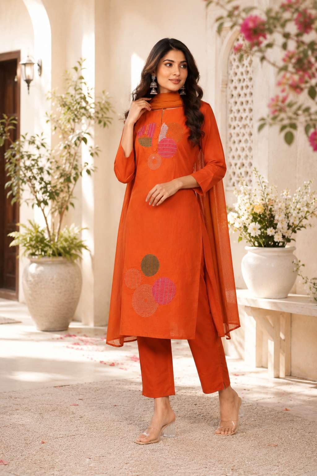 Women's Cotton Embroidery Straight Kurti With Pant Set