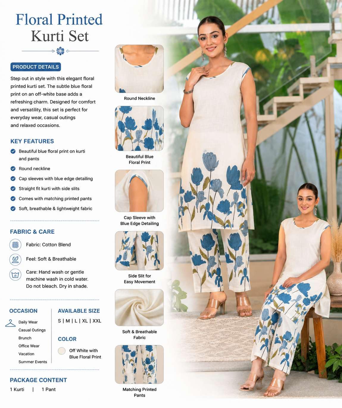 Women's Cotton Floral Printed Straight Kurti With Pant - UG-10