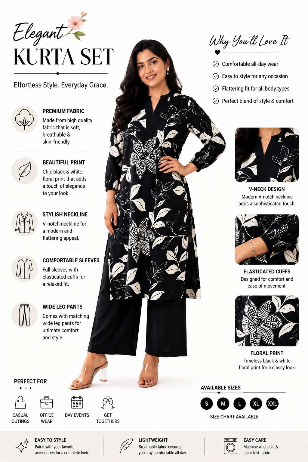 Women's Cotton Floral Printed Straight Kurti With Pant Set