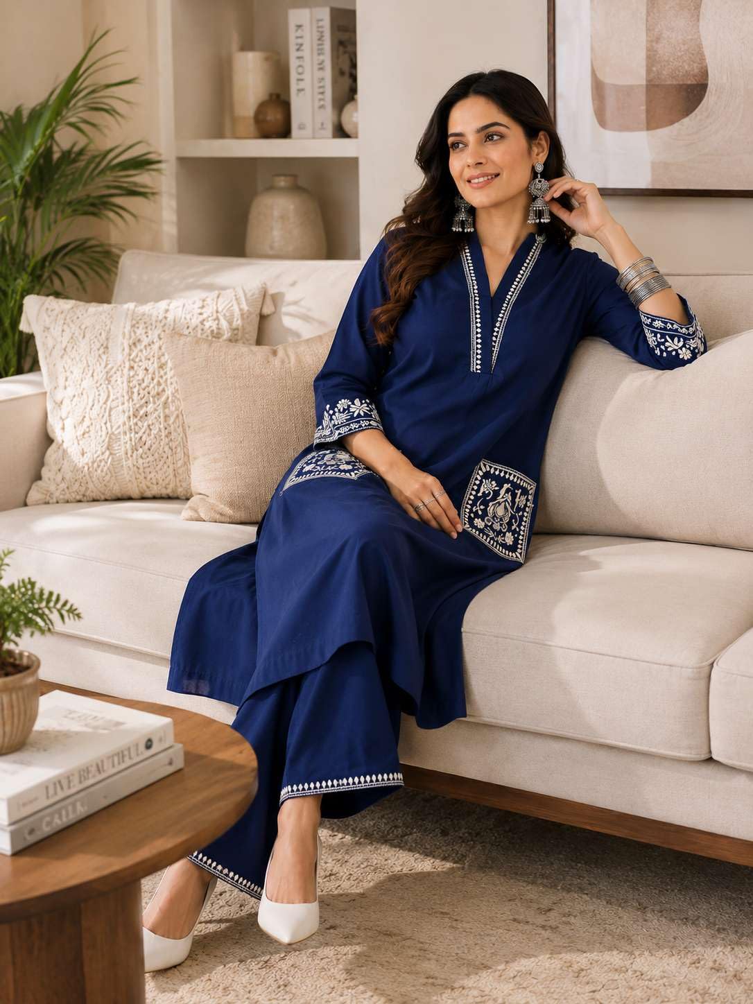 Women's Cotton Embroidery Straight Kurti With Pant Set