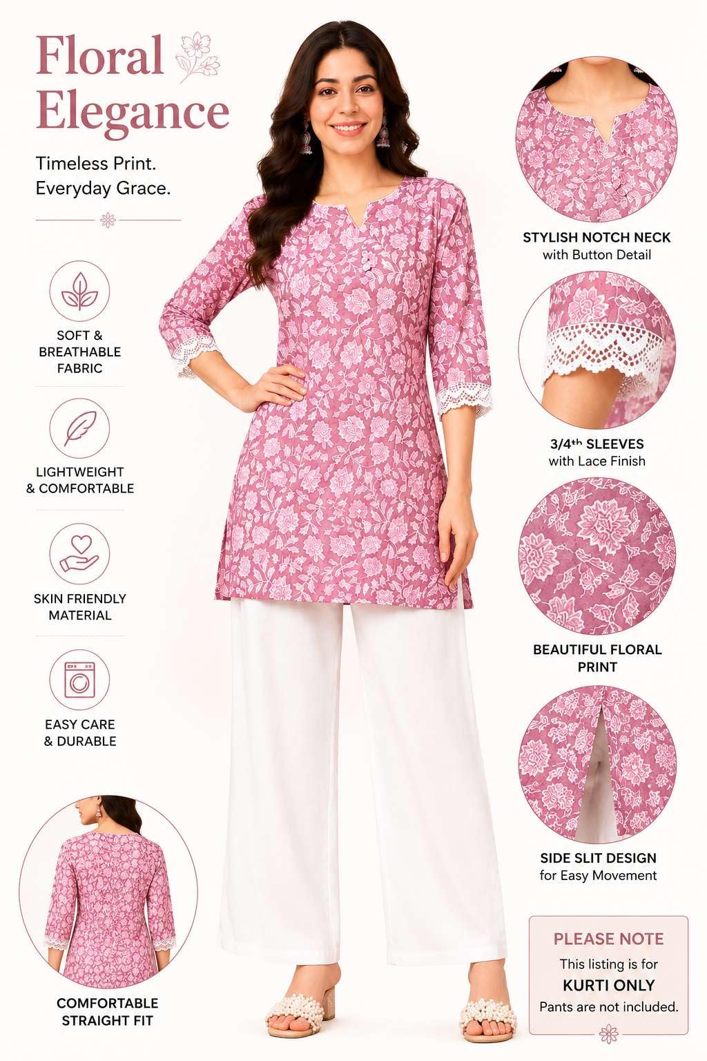 Women's Rayon Floral Printed Straight Short Kurti Set