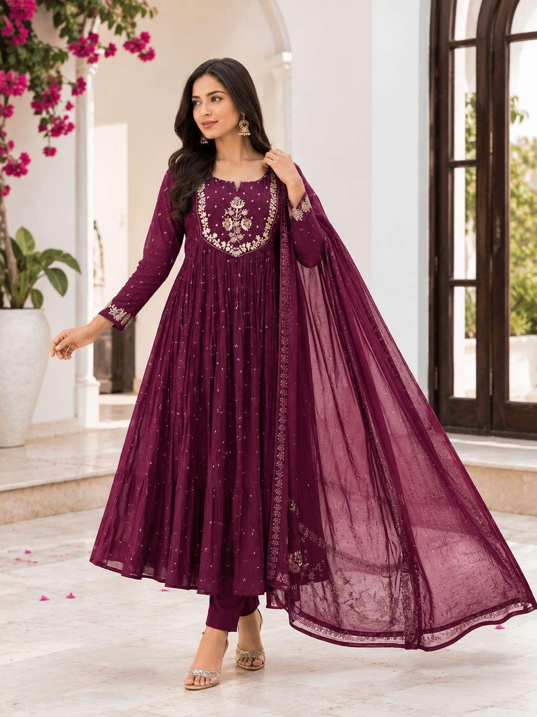Women's Cotton Embroidery Anarkali Kurti and Pant with Dupatta Set