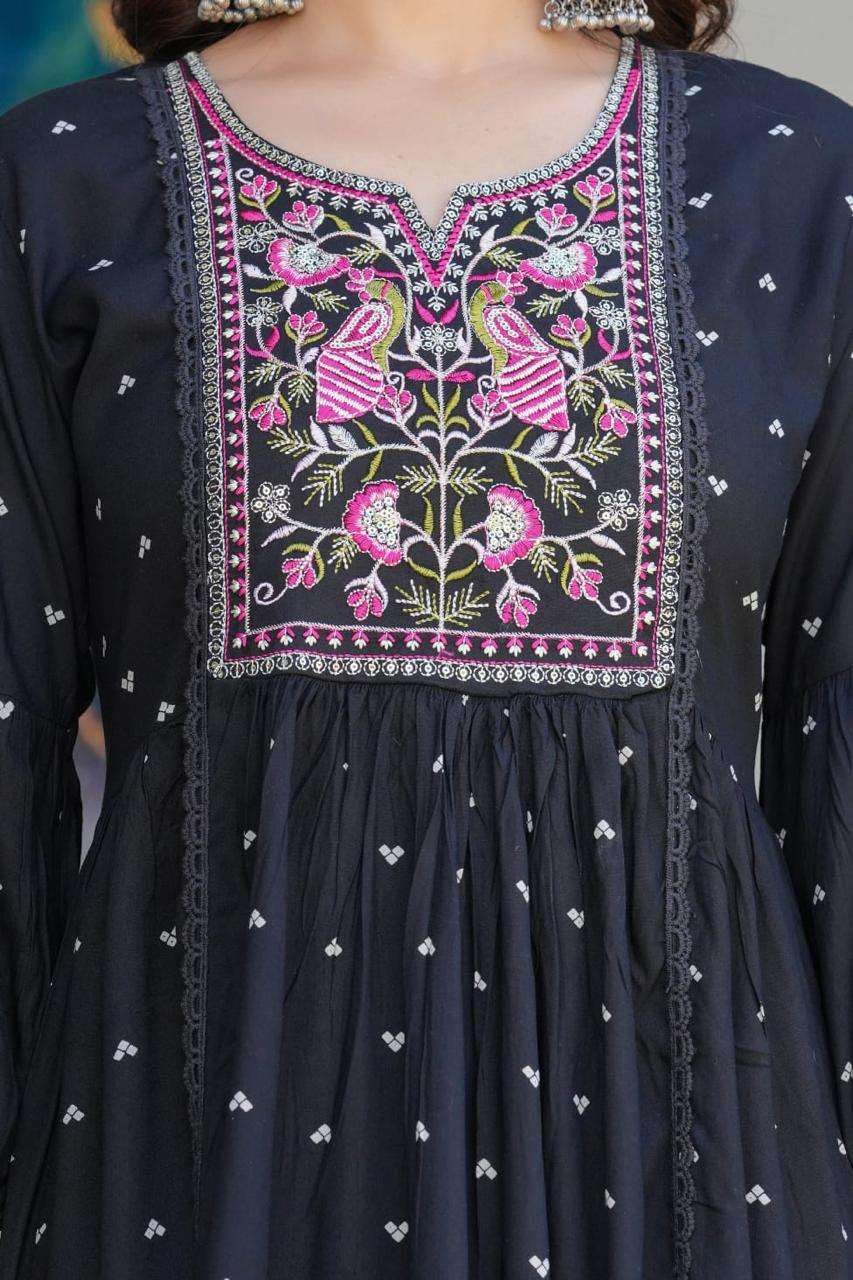 Women's Cotton Embroidered Anarkali Kurti With Pant And Dupatta Set