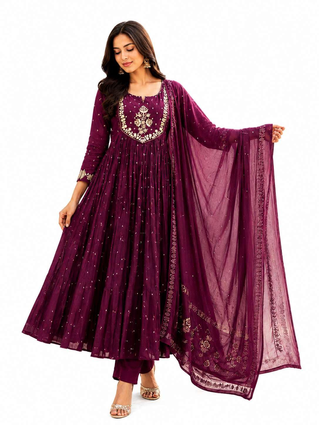 Women's Cotton Embroidery Anarkali Kurti and Pant with Dupatta Set