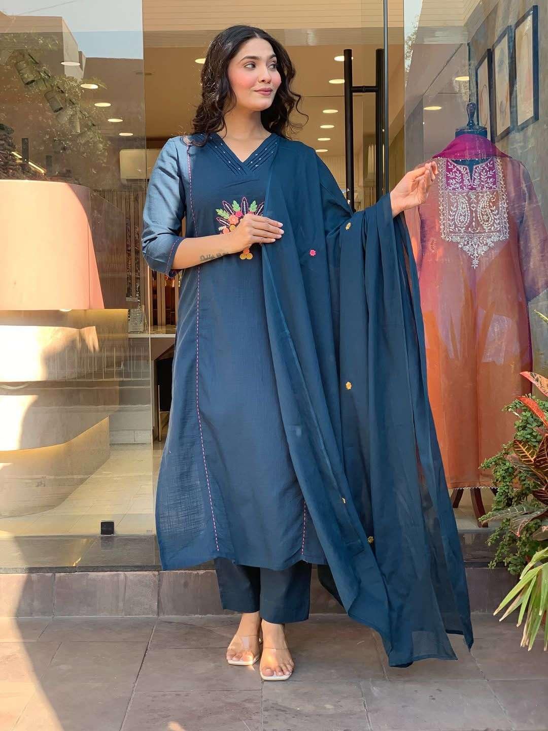 Women's Cotton Embroidered Straight Kurti With Pant And Dupatta Set (Dark Teal Blue)
