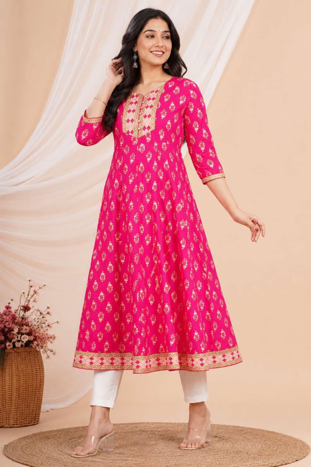 Women's Cotton V-neck Solid Straight Kurti With Pant
