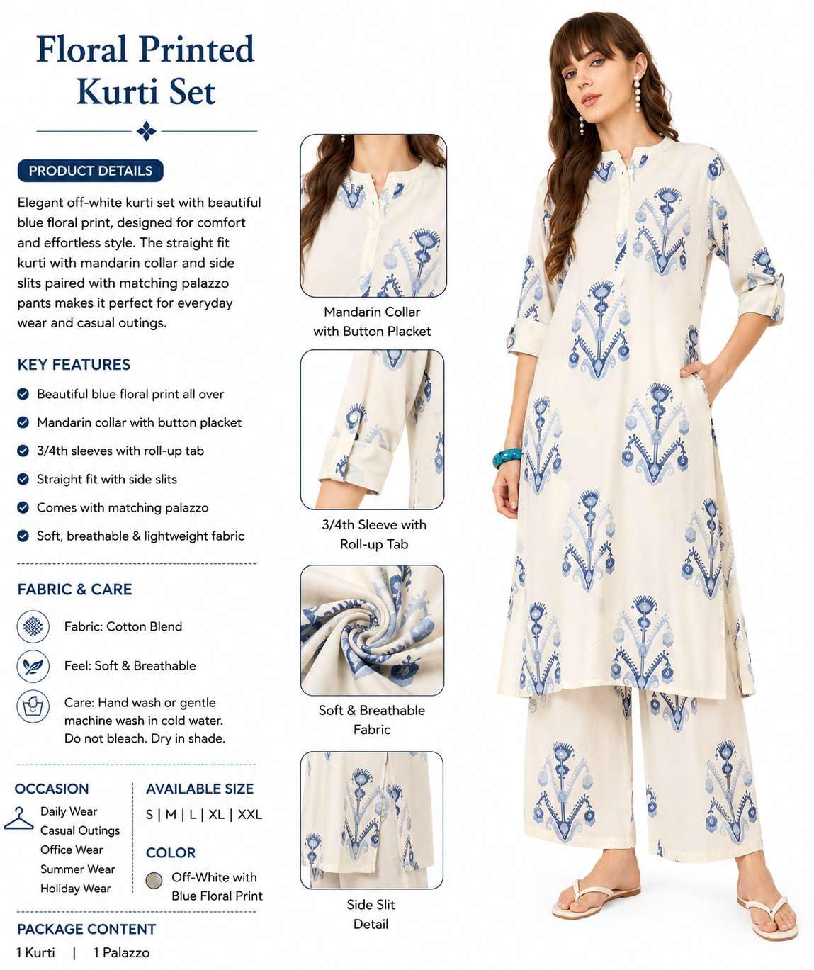 Women's Cotton  Printed flared kurti with V-neckline and side pockets paired with Matching PalAMzo Pant (Off White)