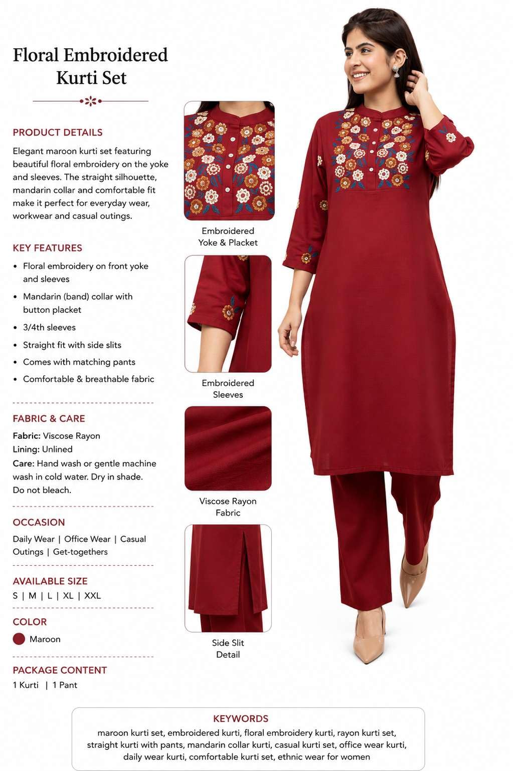 Women's Cotton floral Embroidery mandarin collar Straight Kurti With Pant