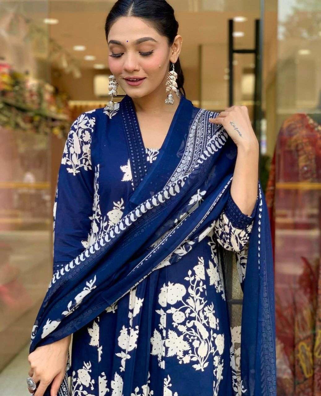 Women's Cotton Jaipur Hand Block Print Anarkali Kurti with Pant and Printed Dupatta Set (Navy Blue)