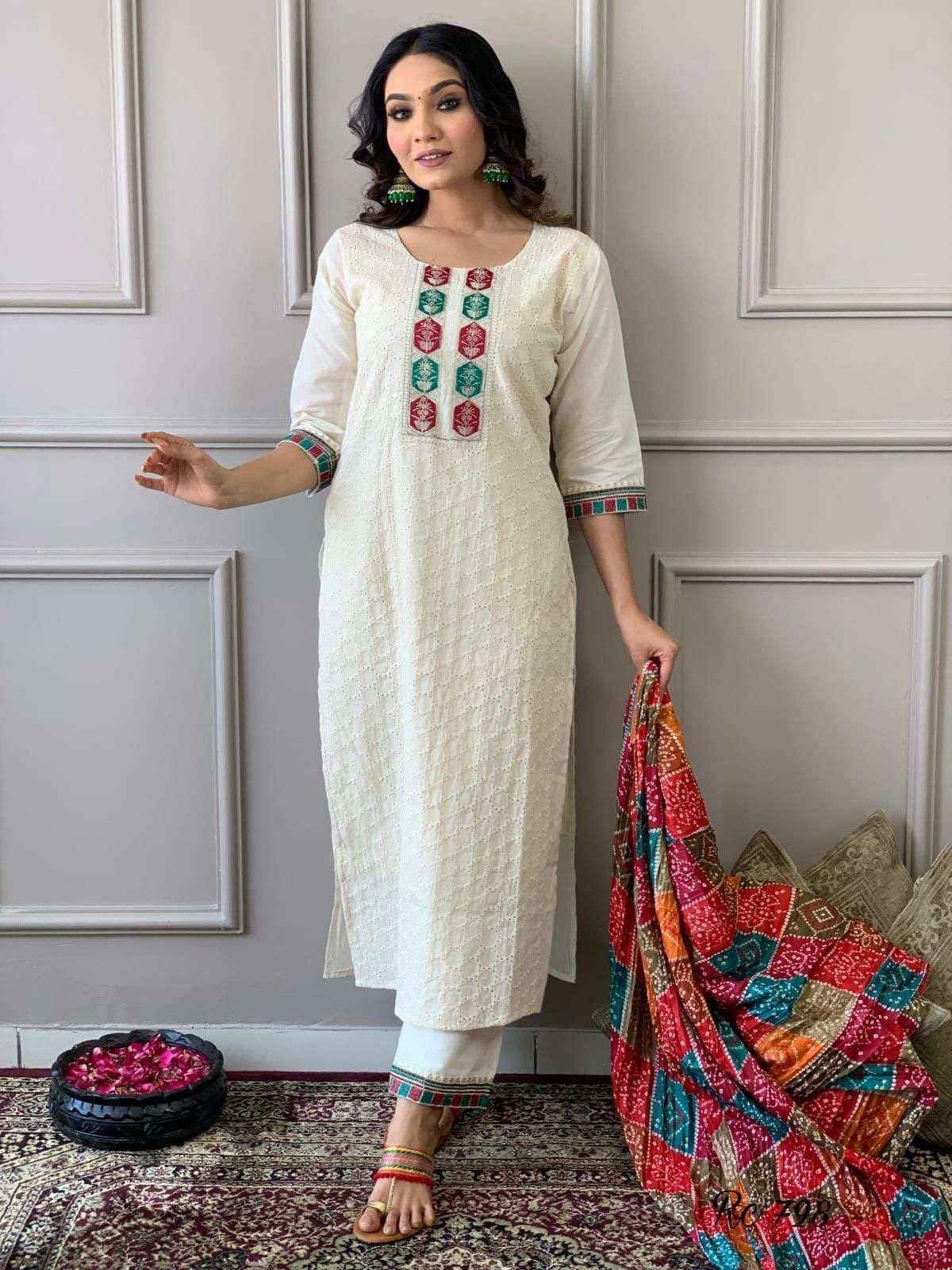 Women's Cotton Chikankari Print Straight Kurti with Pant andMulmul Dupatta Set