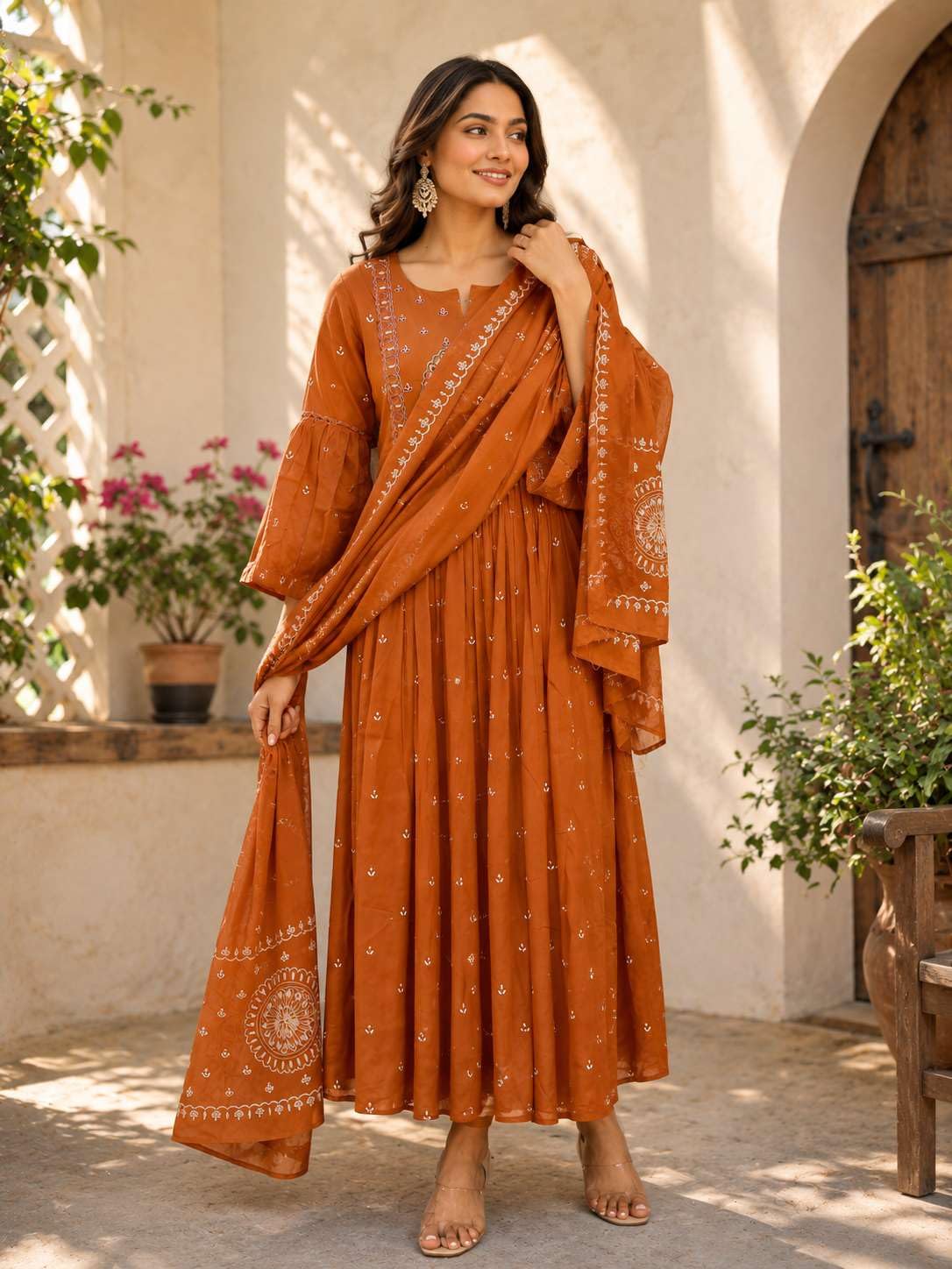 Women's Cotton Embroidered Anarkali Kurti With Malmal Dupatta Set