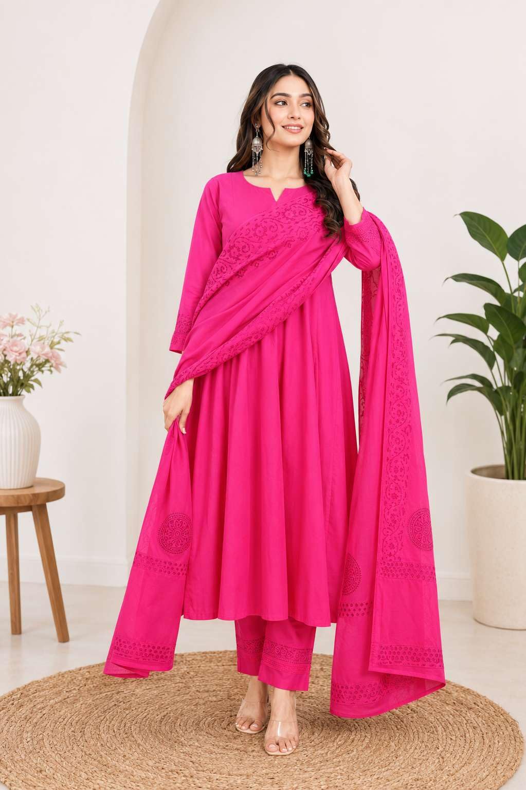 Women's Cotton Embroidery Handblock Floral Kurti Pant With Dupatta Set