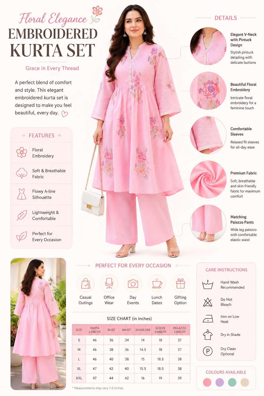 Women's Cotton Embroidery A-Line Kurti With Pant Set
