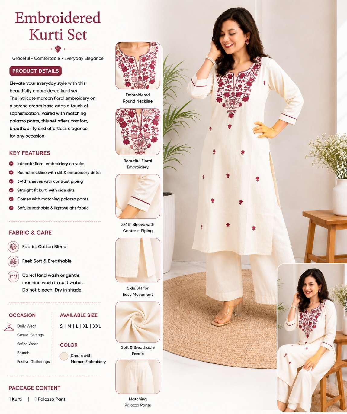 Women's Cotton Floral Embroidered  Straight Kurti With Pant -UG-11