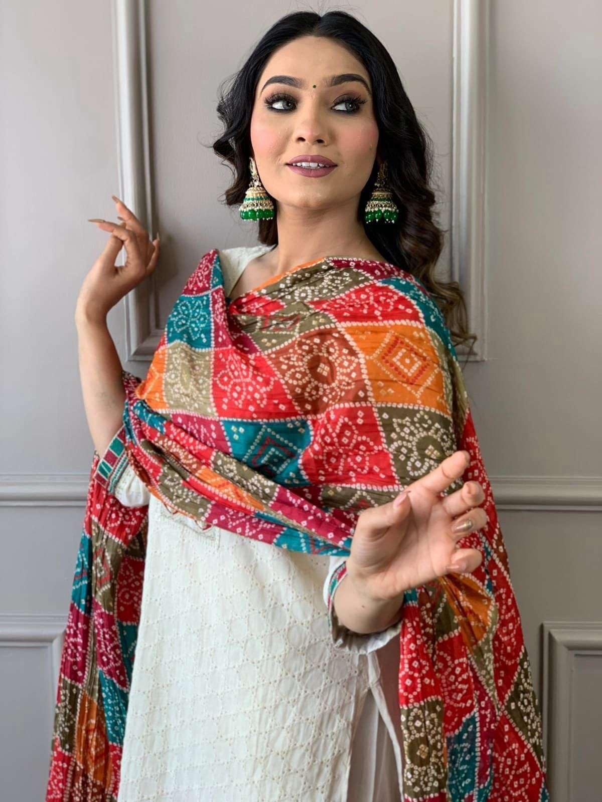 Women's Cotton Chikankari Print Straight Kurti with Pant andMulmul Dupatta Set