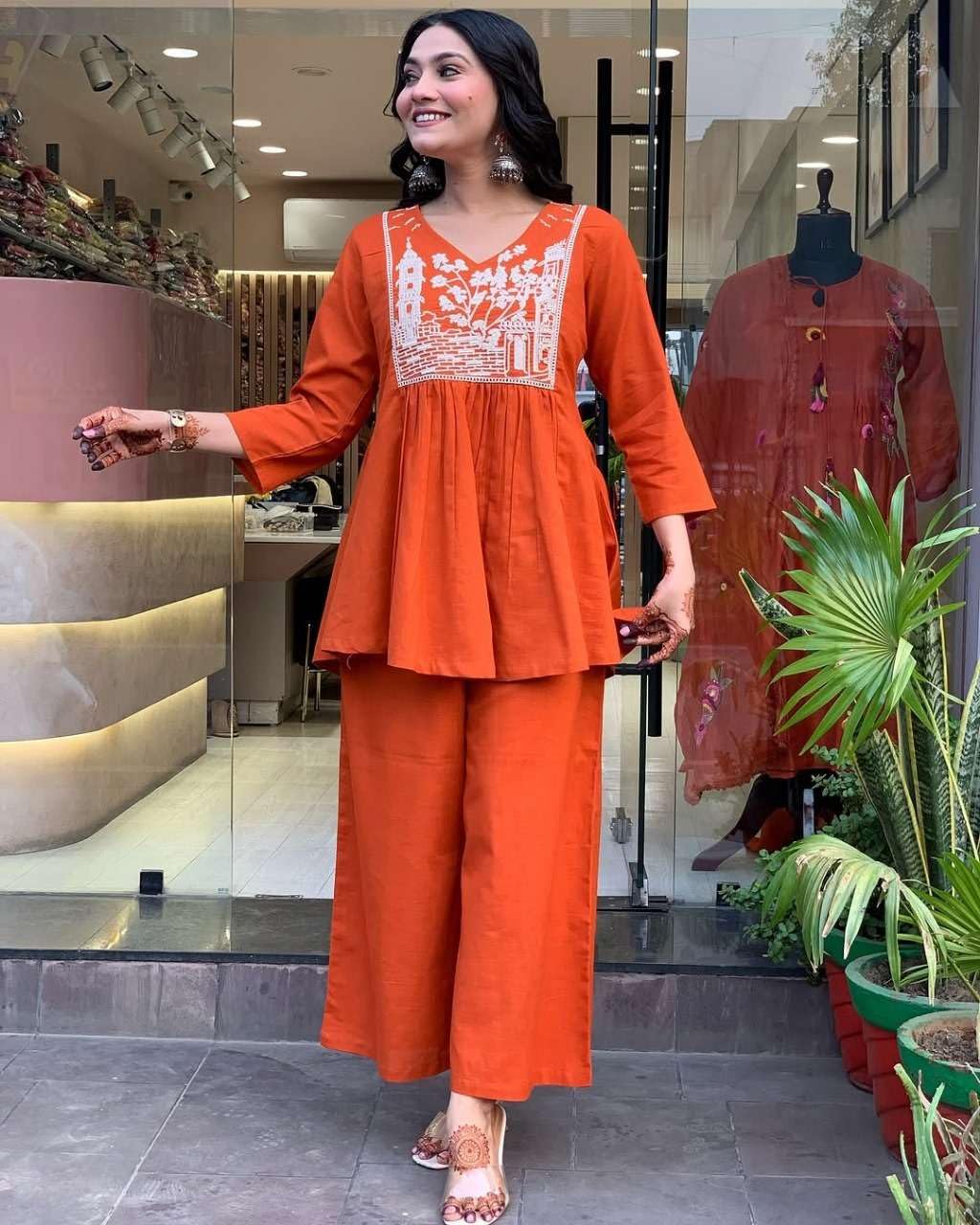 Women's Cotton Embroidered Flared Kurta With Pant Set