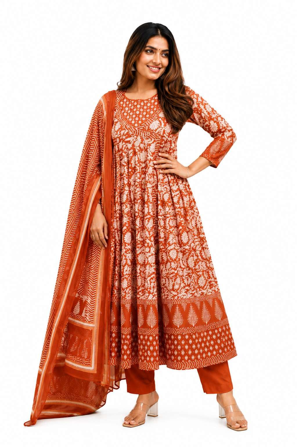 Women's Cotton Floral Printed Anarkali Kurti With Pant and Mulmul Dupatta Set