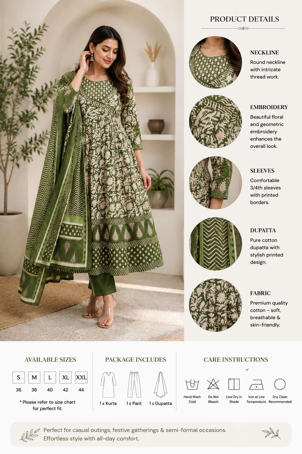 Women's Cotton Floral Printed Anarkali Kurti With Pant and Mulmul Dupatta Set