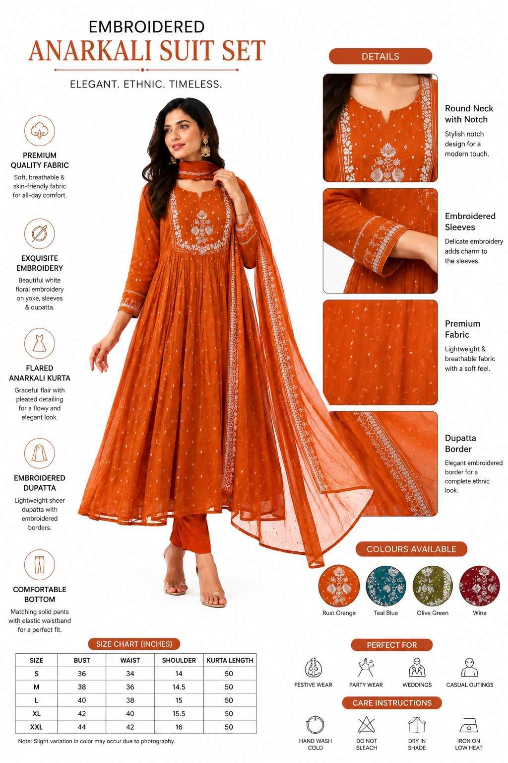 Women's Cotton Embroidery Anarkali Kurti and Pant with Dupatta Set