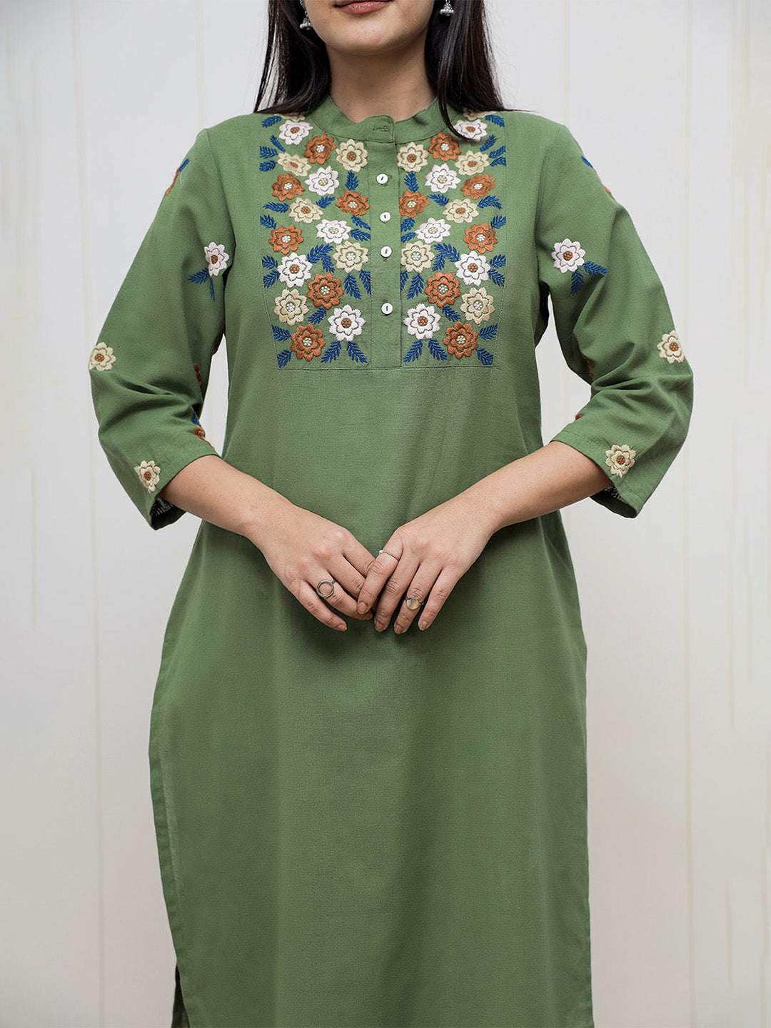 Women's Cotton floral Embroidery mandarin collar Straight Kurti With Pant
