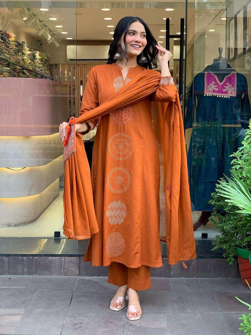 Women's Cotton Embroidered Straight Kurti With Pant And Dupatta Set