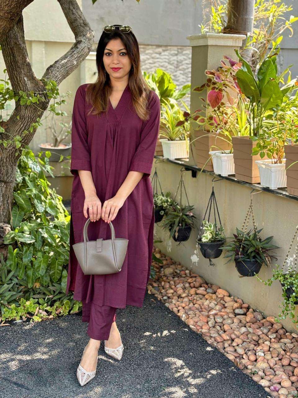 Women's Cotton Plain Coard set A-Line Straight Kurti With Pant