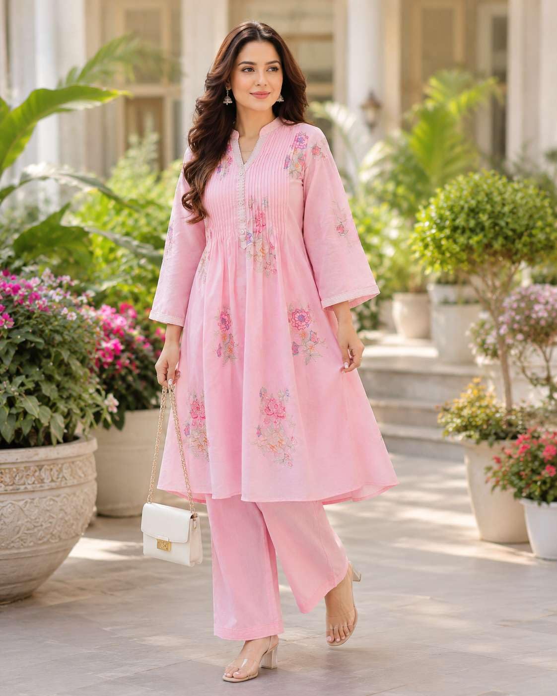 Women's Cotton Embroidery A-Line Kurti With Pant Set