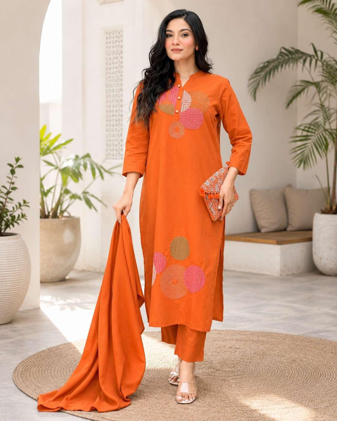 Women's Cotton Embroidery Straight Kurti Pant With Dupatta Set