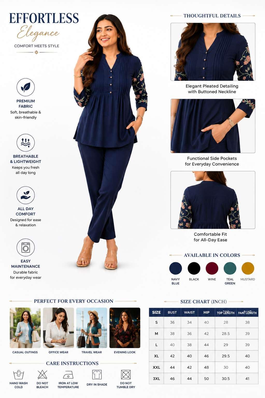 Women's Cotton Embroidery Straight Short kurti With Pant set