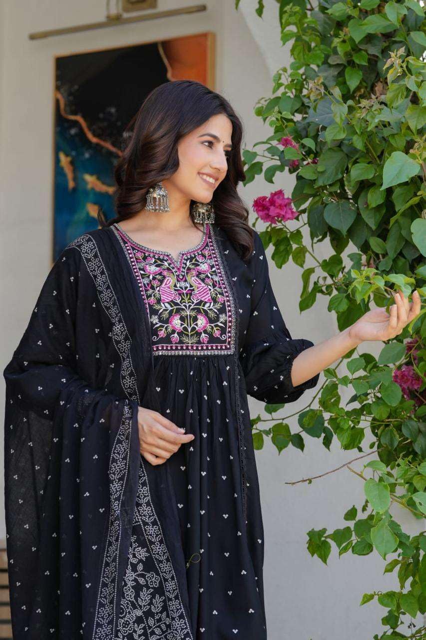 Women's Cotton Embroidered Anarkali Kurti With Pant And Dupatta Set