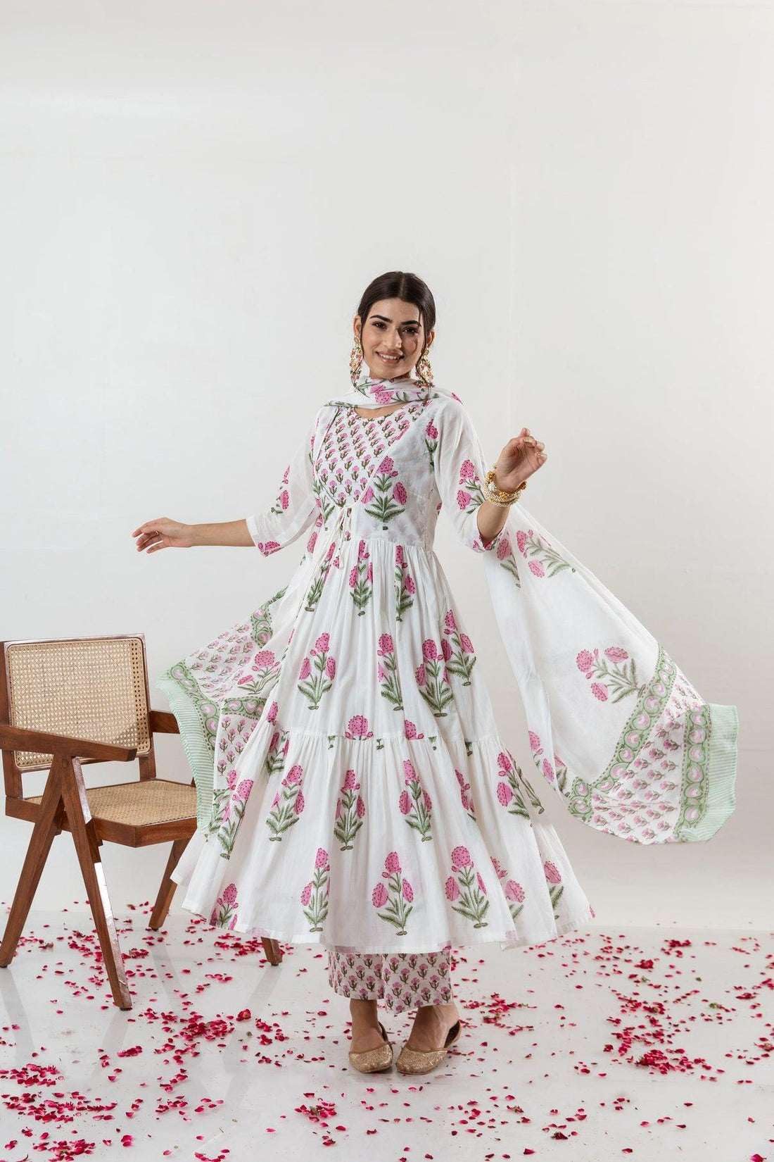 Women's Cotton Floral Printed Long Anarkali Kurti with Pant and Dupatta