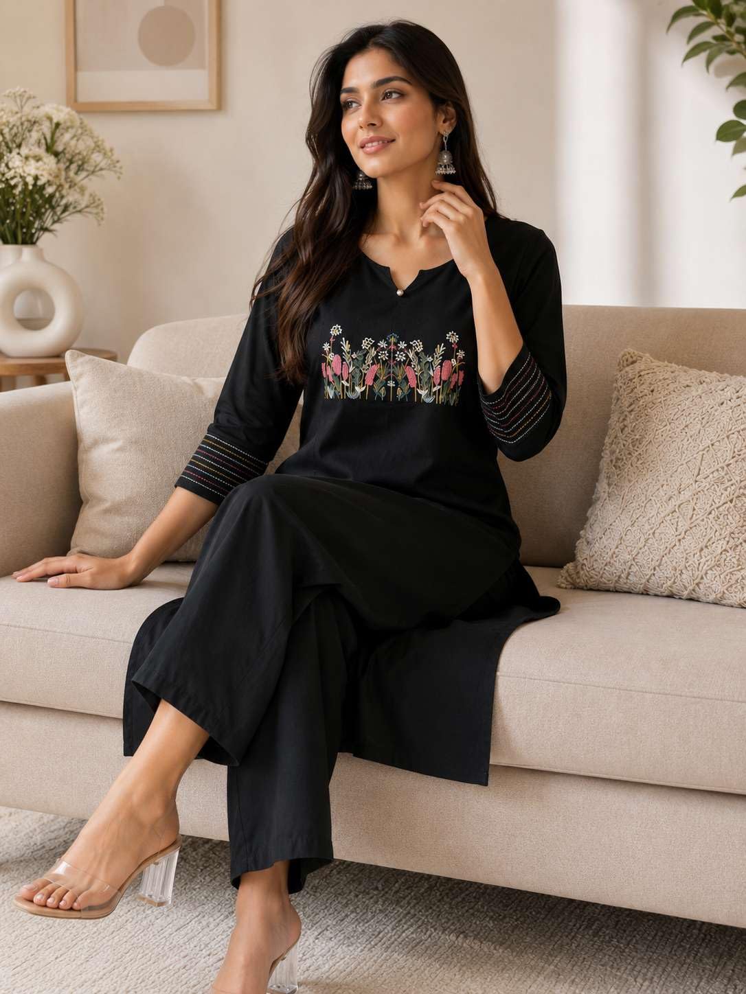 Women's Cotton Embroidered Straight Kurti With Pant Set