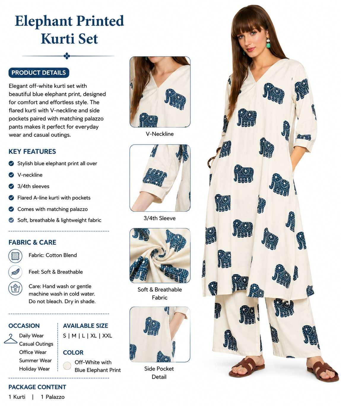 Women's Cotton Elephant printed flared kurti with V-neckline and side pockets paired with Matching PalAMzo Pant (Off White)