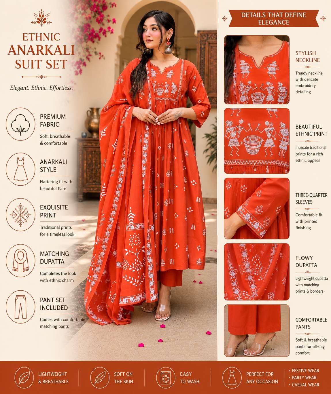 Women's Contton Floral Embroidered Round Neck Regular Kurti Pant Dupatta Set