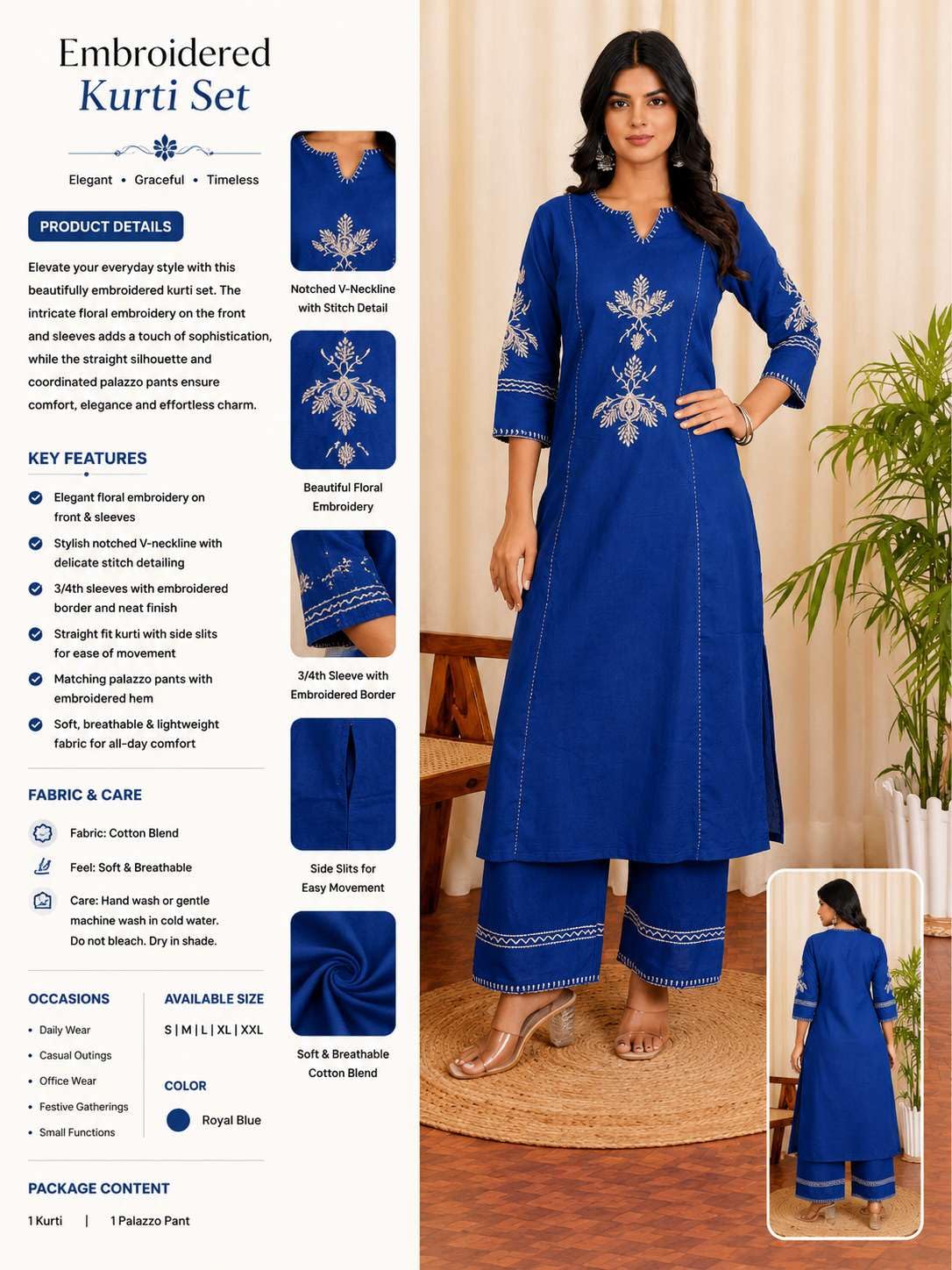 Women's Cotton Embroidered Straight kurti With relaxed fit Pant