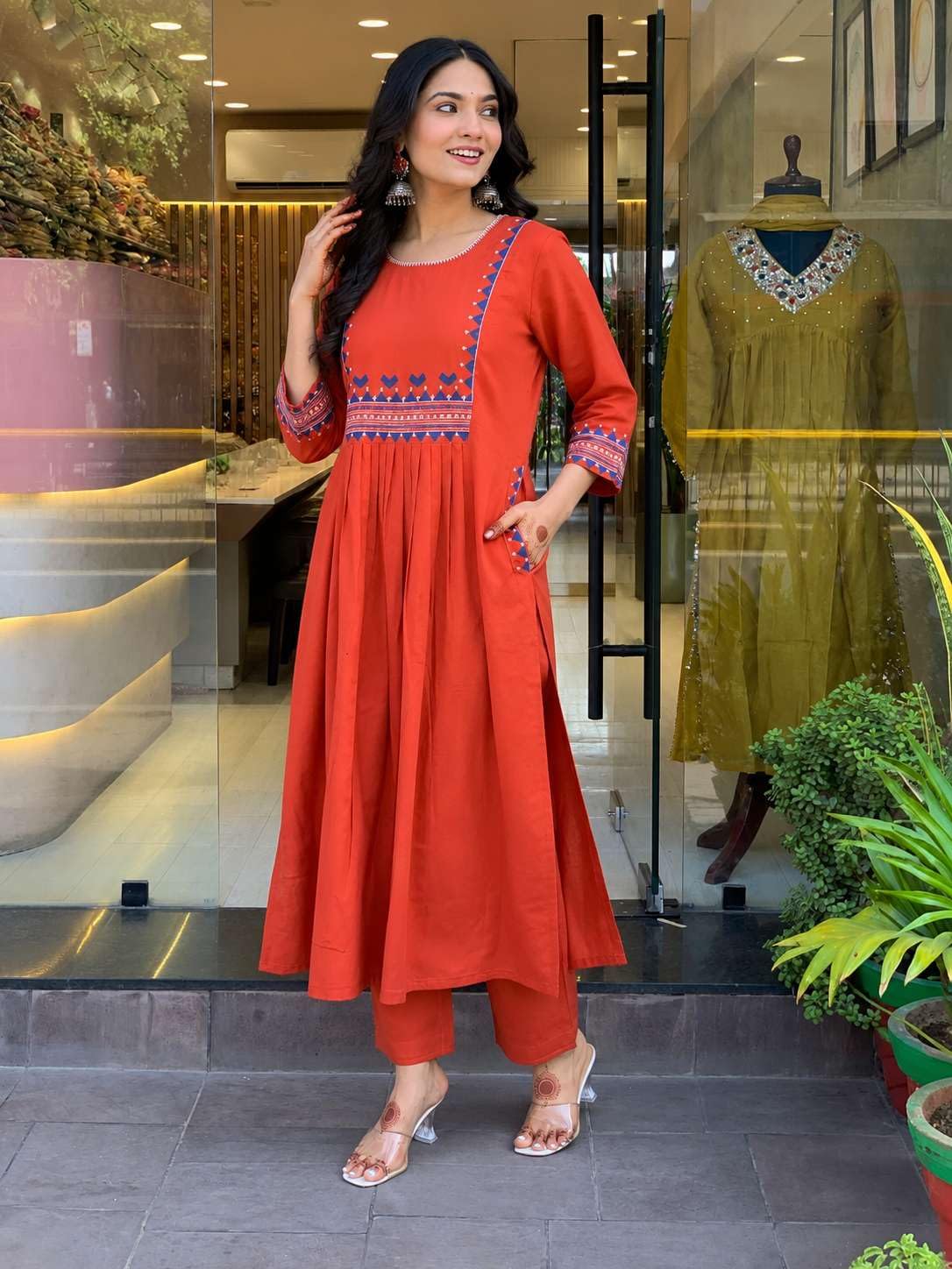 Women's Rayon Embroidered A-Line Kurti With Pant Set