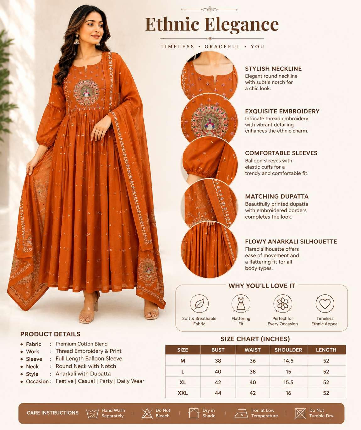 Women's Cotton Embroidered Anarkali Kurti With Malmal Dupatta Set