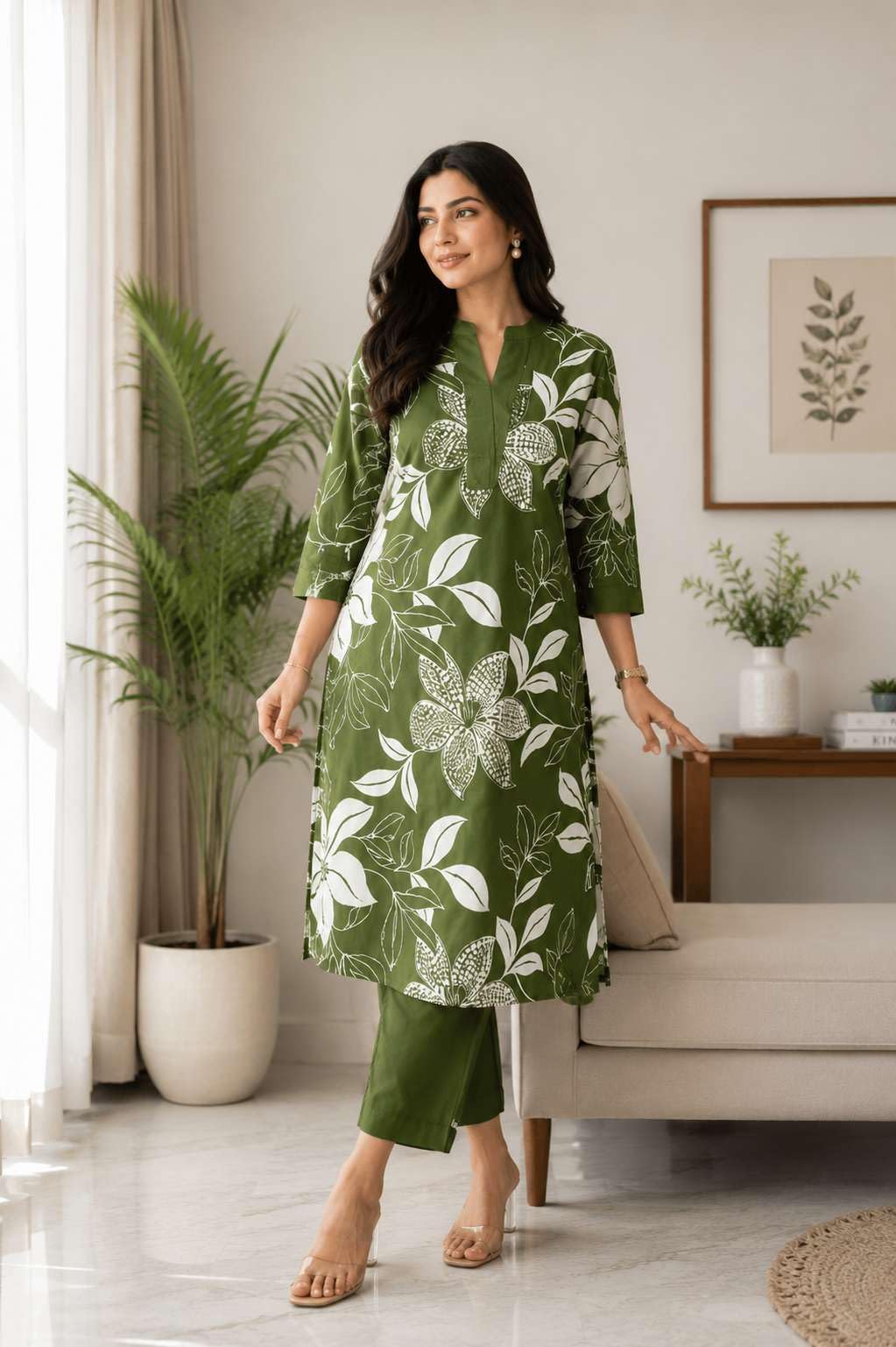 Women's Cotton Floral Printed Straight Kurti With Pant Set