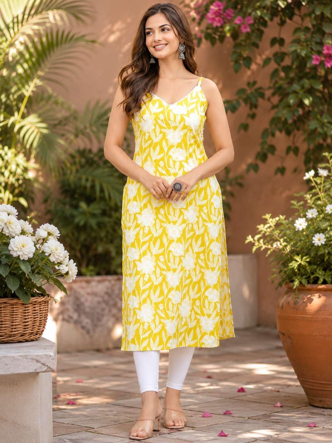 Women's Rayon Floral Printed Sleeveless Straight Kurti Set