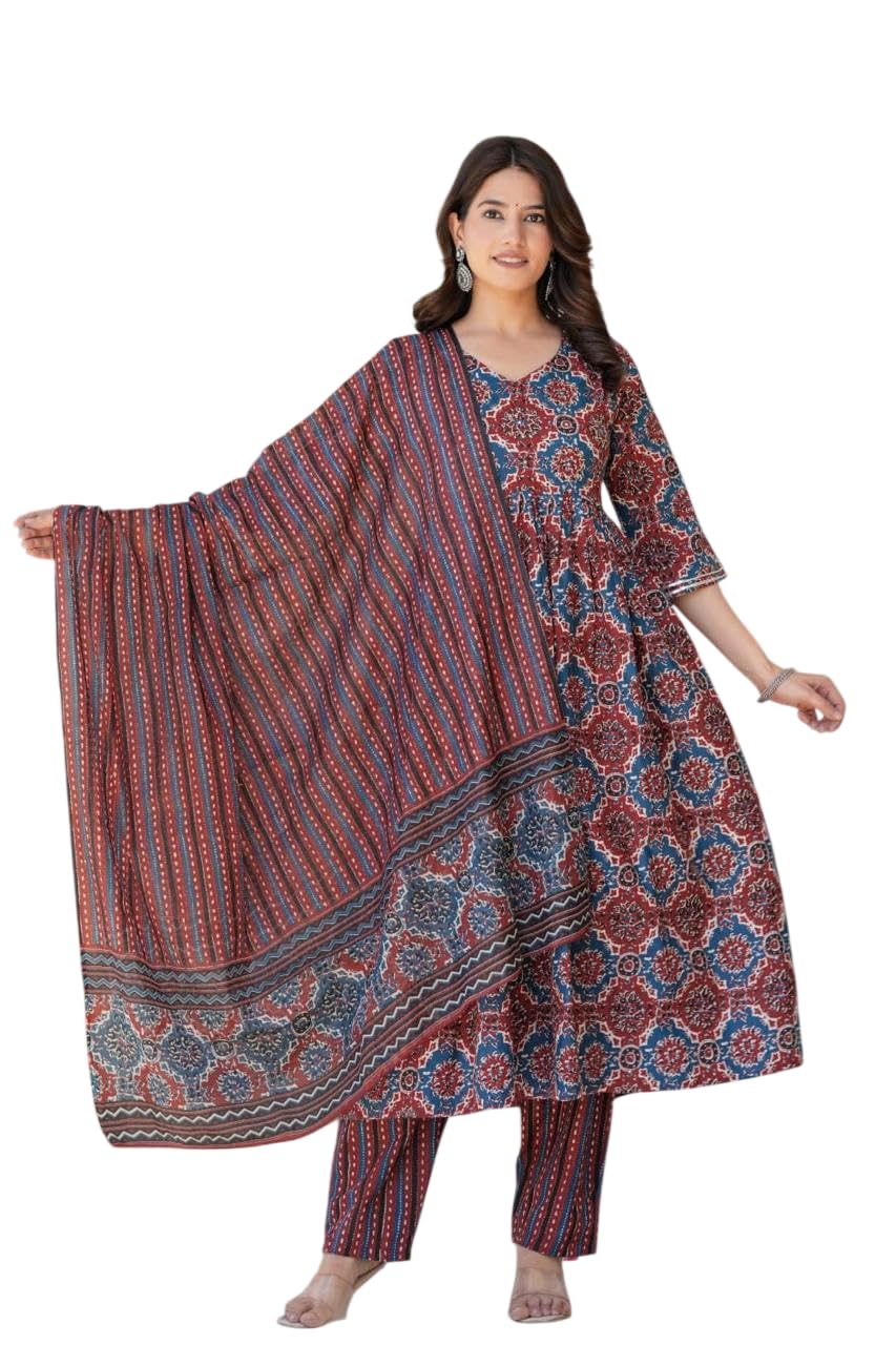 Women's Cotton Printed Straight Kurti With Pant And Dupatta Set (Rust Red)