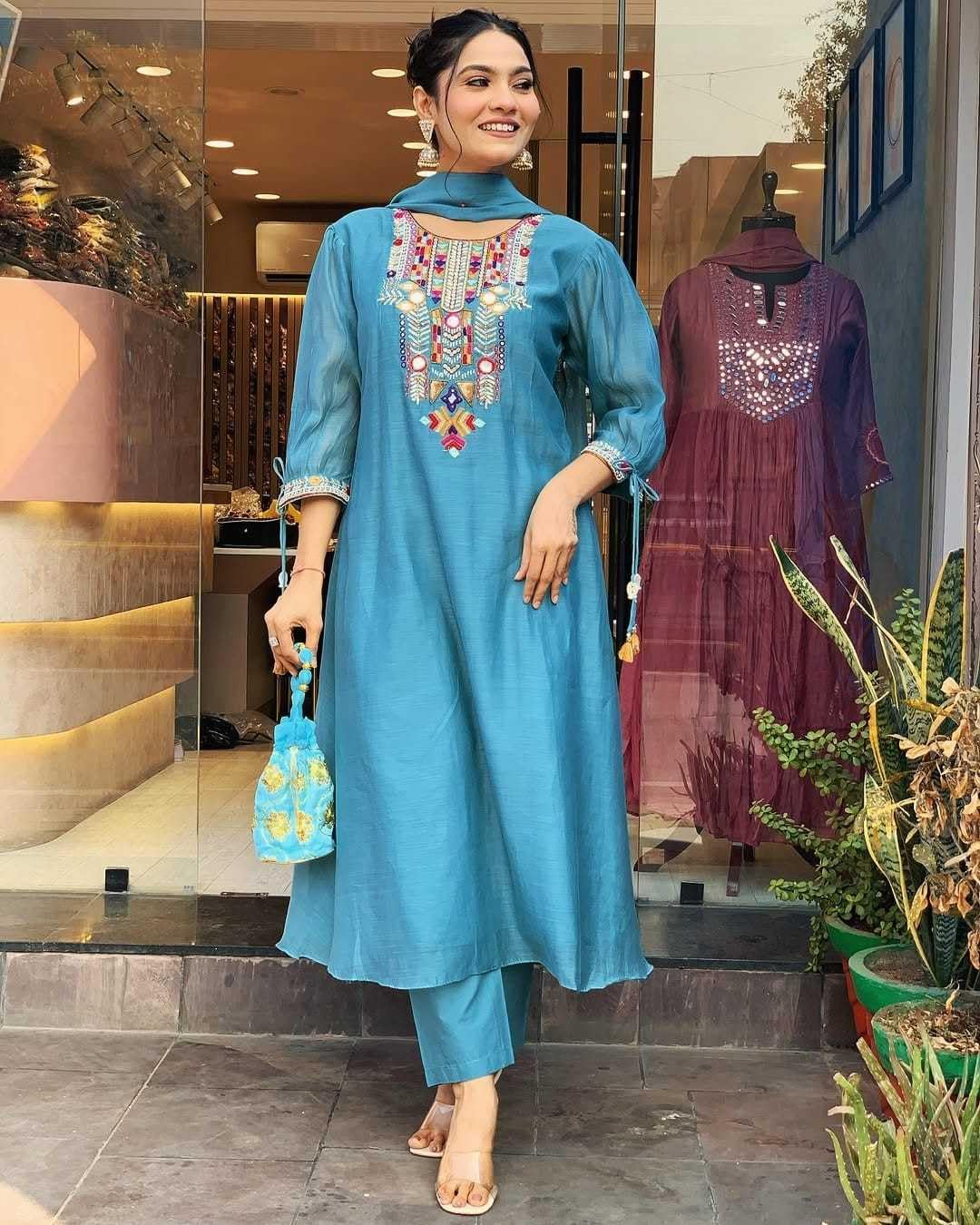 Women's Cotton Mirror Work Embroidered Straight Kurti With Pant and Dupatta Set