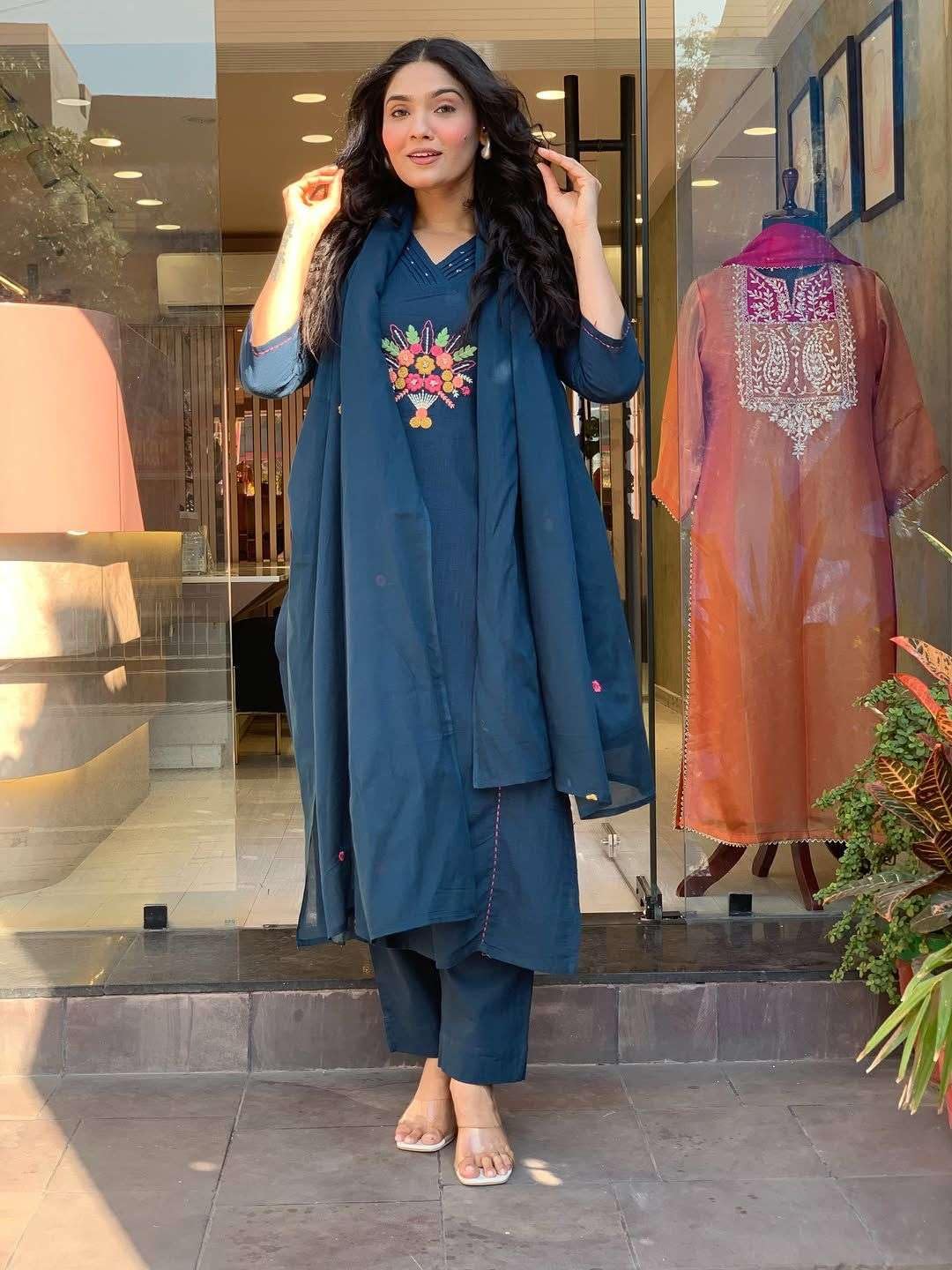 Women's Cotton Embroidered Straight Kurti With Pant And Dupatta Set (Dark Teal Blue)