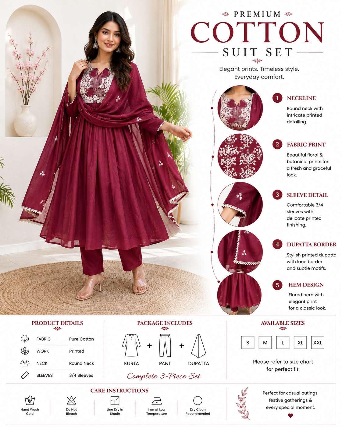 Women's Cotton Printed Anarkali Kurti With Pant and Mulmul Dupatta Set