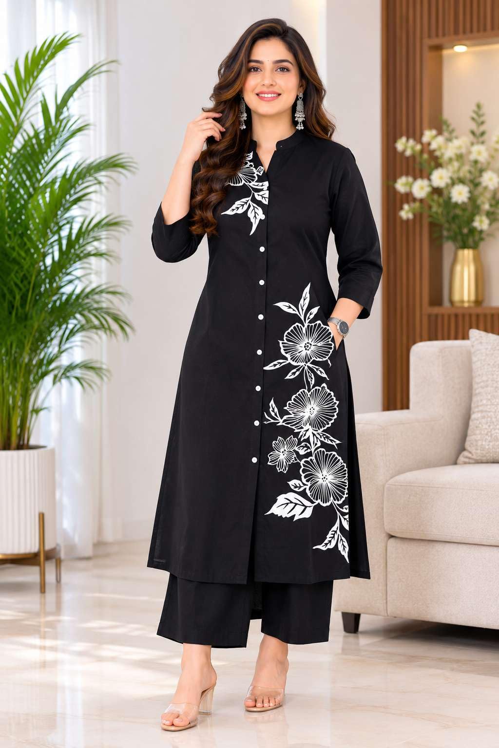 Women's Cotton Floral Printed Straight Kurti With Pant Set