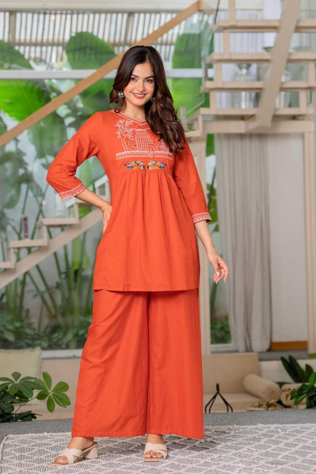 Women's Cotton Embroidered Short Anarkali Kurti With Pant (Orange)