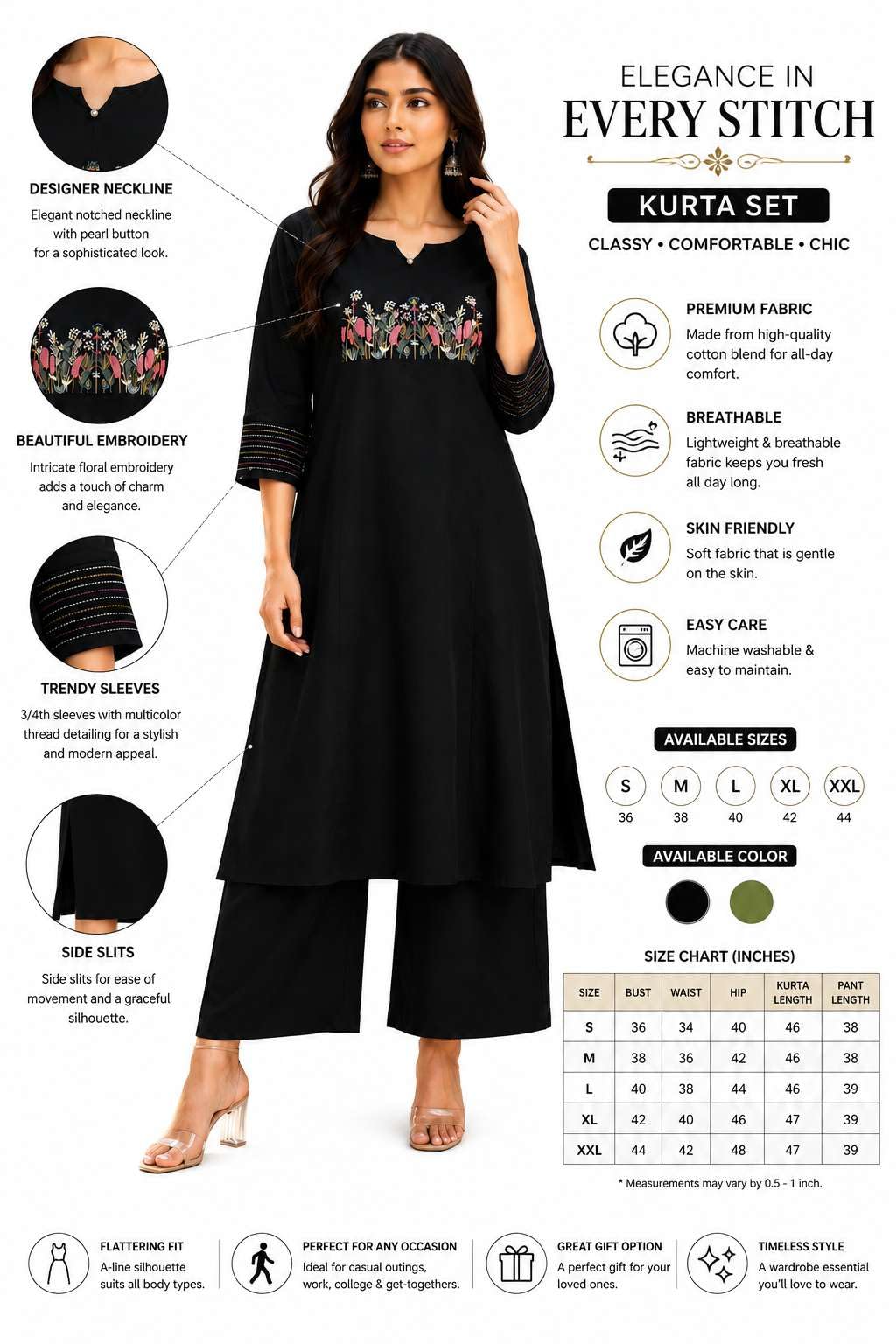 Women's Cotton Embroidered Straight Kurti With Pant Set