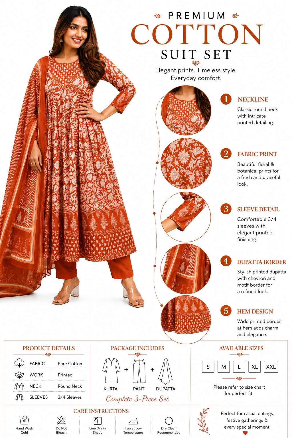 Women's Cotton Floral Printed Anarkali Kurti With Pant and Mulmul Dupatta Set
