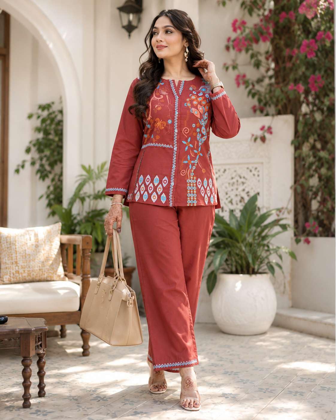 Women's Cotton Embroidery Straight Kurti With Pant Set